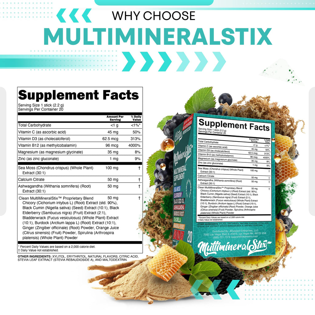 Sea Moss Powder Elderberry Ashwagandha Chlorella Manuka Honey VitaminD3 Vitamin C Zinc Spirulina Iodine Greens Detox Immune Support Sugar Free Hydration Powder Drink Mix – 20 Sticks