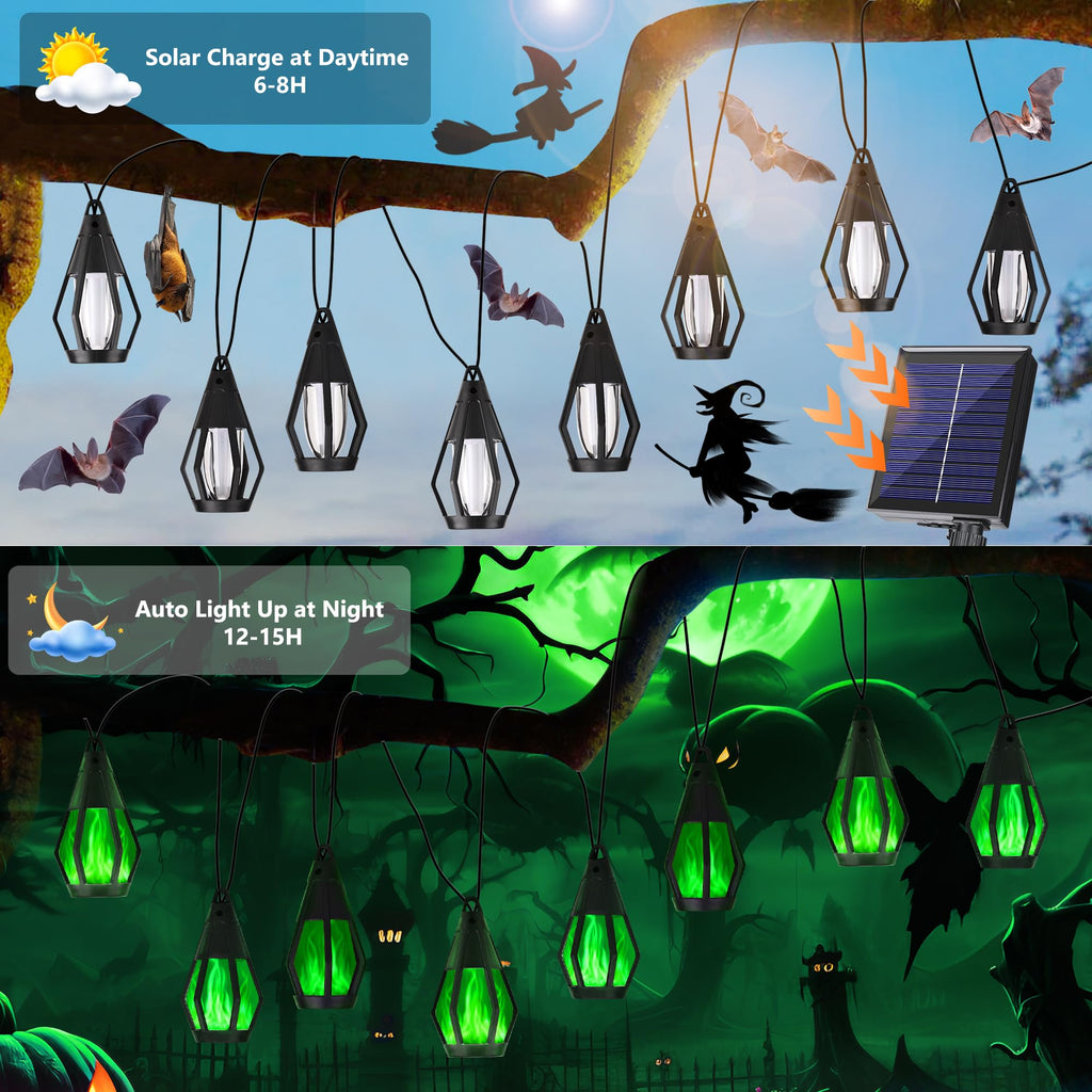 Solar String Lights for Outside, 21Ft Solar Patio Lights with 10 Flickering Flame Light Bulbs, Waterproof Green Solar Powered Outdoor Lights for Garden Yard Patio Gazebo Bistro Cafe Porch Party Decor