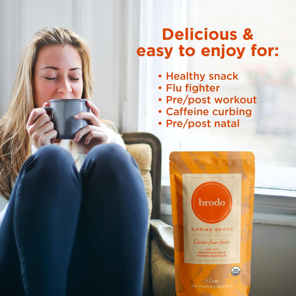 Brodo Organic Chicken Bone Broth, Protein-Rich Bone Broth with Collagen, Nourishing Chicken Broth Low Sodium for Sipping and Cooking, Slow-Simmered for Deep Flavor, (4x 25 oz. Pouches)