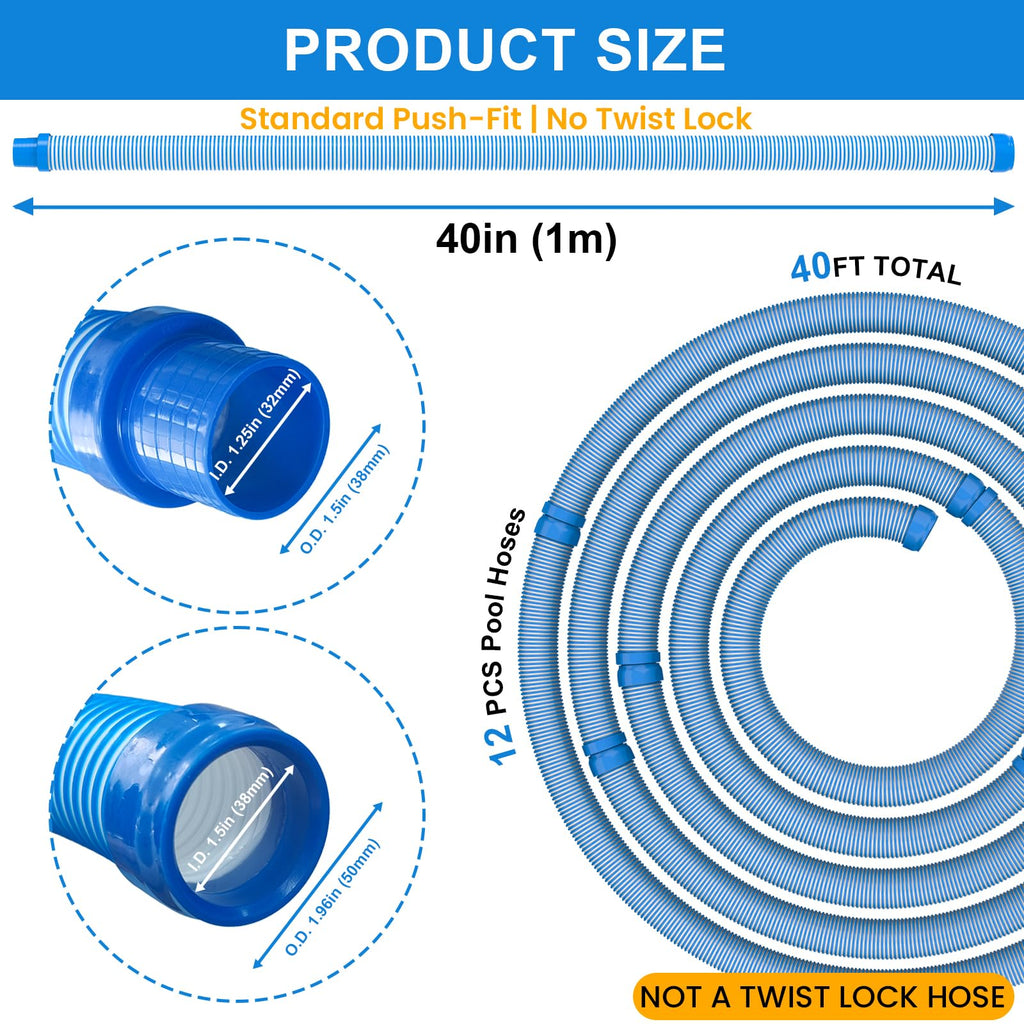 Poolvio Pool Vacuum Hose 40 Feet (12 x 40 Inch), 1.5 Inch Cuffs, Compatible with Most Inground Pool Automatic Cleaners, Blue
