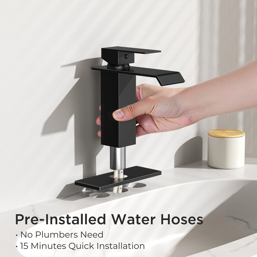 FORIOUS Bathroom Faucet Matte Black Modern Waterfall Bathroom Sink Faucet 1 or 3 Hole Single Handle with Deck Plate and Drain, Suitable for Vanity Rv Camper Commerical