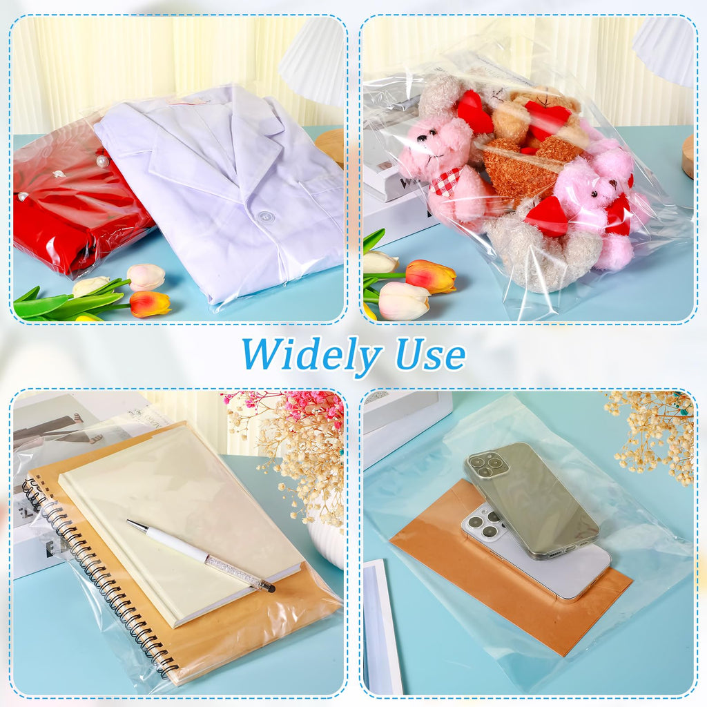 Kosiz 600 Pcs Clear Cellophane Bag Plastic Poly Shirt Bag Bulk Resealable Clothes Packing Self Adhesive Packages for Business Shipping(9''x12'', 10''x13'', 11''x14", 12''x15")