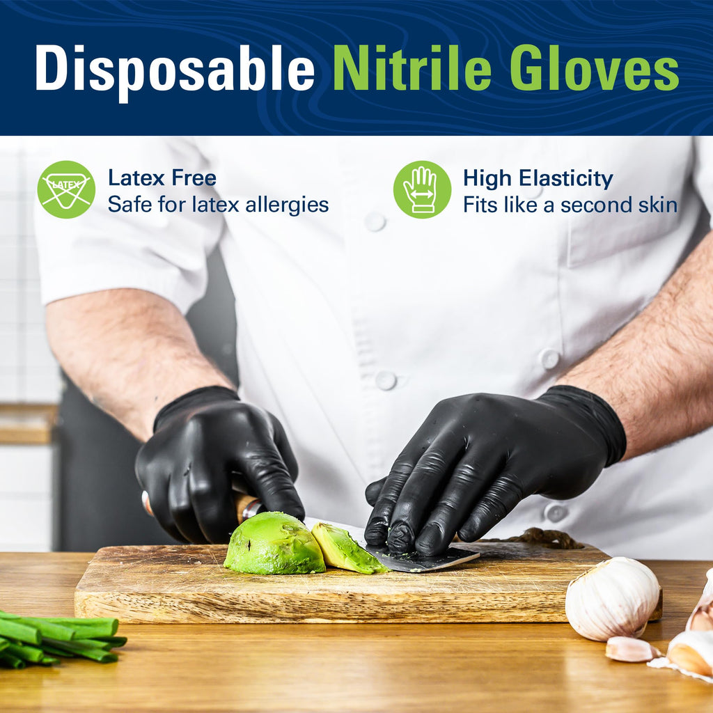 SWIFTLITE Nitrile Gloves, Disposable Black Gloves, Food Safe Rubber Gloves, Latex-Free, Powder-Free for Cooking, Cleaning, Food Prep (X-Large, 300 Counts)