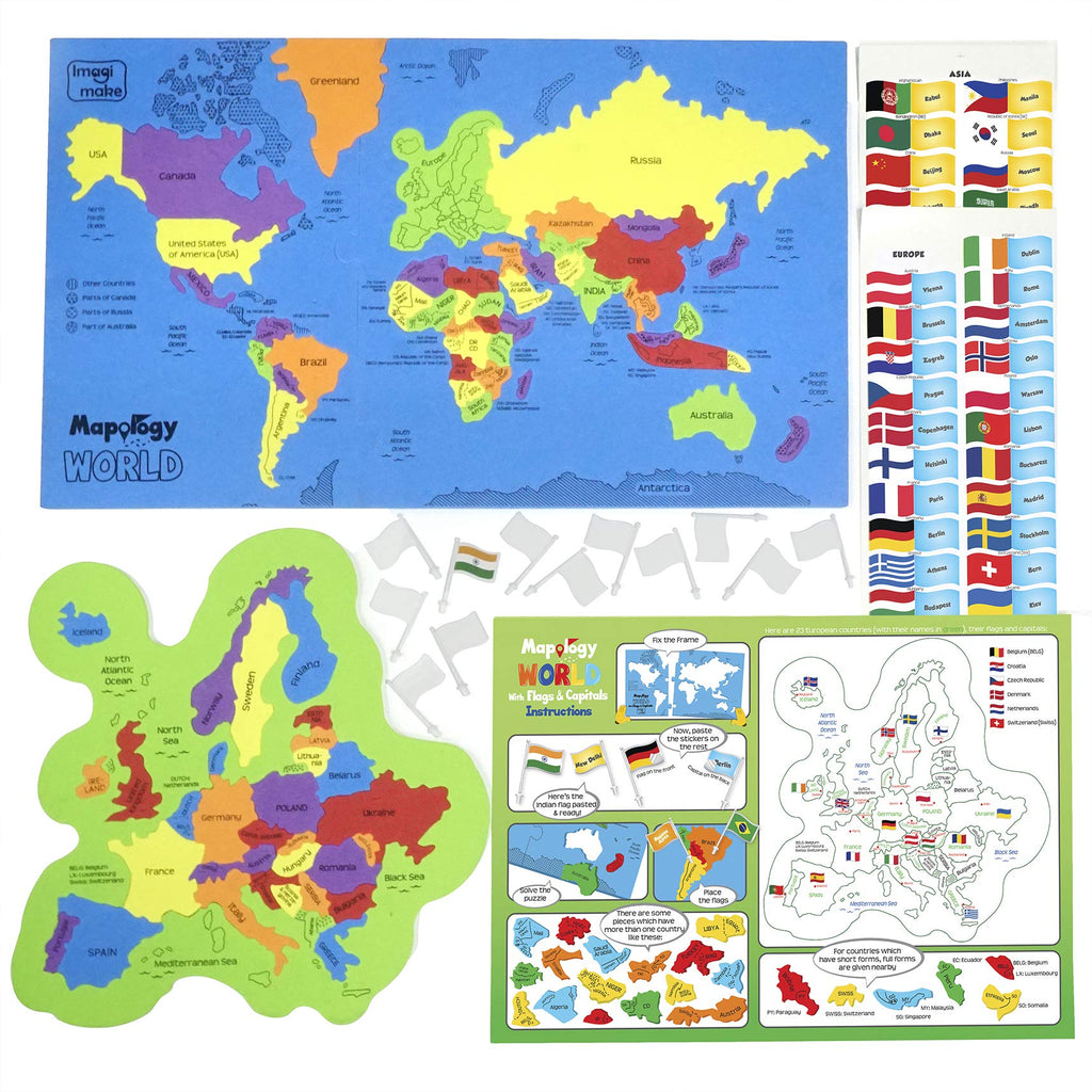 Imagimake Mapology USA & World Map Puzzle with Flags, Capitals, Stickers | Educational Toys for Ages 5-7 | Jigsaw Puzzles for Kids Ages 8-10 | Geography Toys for Ages 8-13 | 6 Year Old Boy/Girl Gifts