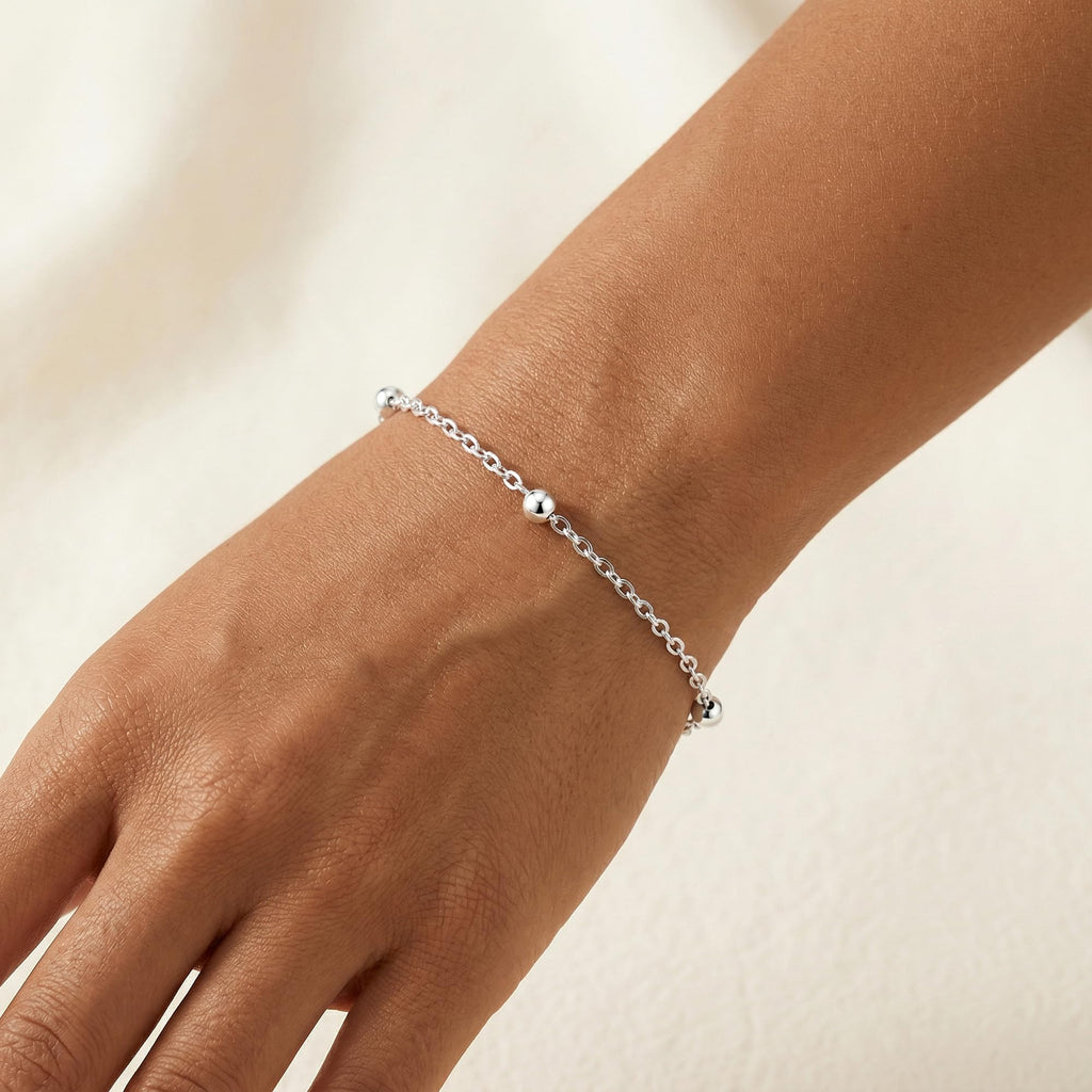 TOPCRED 925 Sterling Silver Chain Bracelet, Beaded Satellite Chain Fine Jewelry for Women Holiday Gift with Flannel Bag Adjustable 7.5 Inches