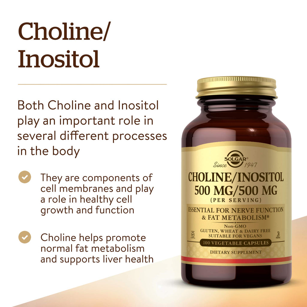 Solgar Choline/Inositol 500 mg/500 mg,100 Vegetable Capsules-Energy Metabolism,Liver Health,Essential for Brain&Nerve Function-Non-GMO,Vegan,Gluten Free,Dairy Free,Kosher-50 Servings,(Pack of 2)