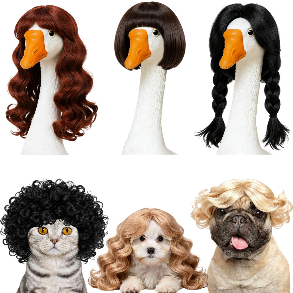 Eccliy 6 Pcs Porch Goose Wigs Dog Cat Pet Outfits Costume Small Funny Pet Wig Cute Lawn Porch Goose Accessories Statue Braid Wig for Holiday Outdoor Garden Patio Yard Goosey Decoration