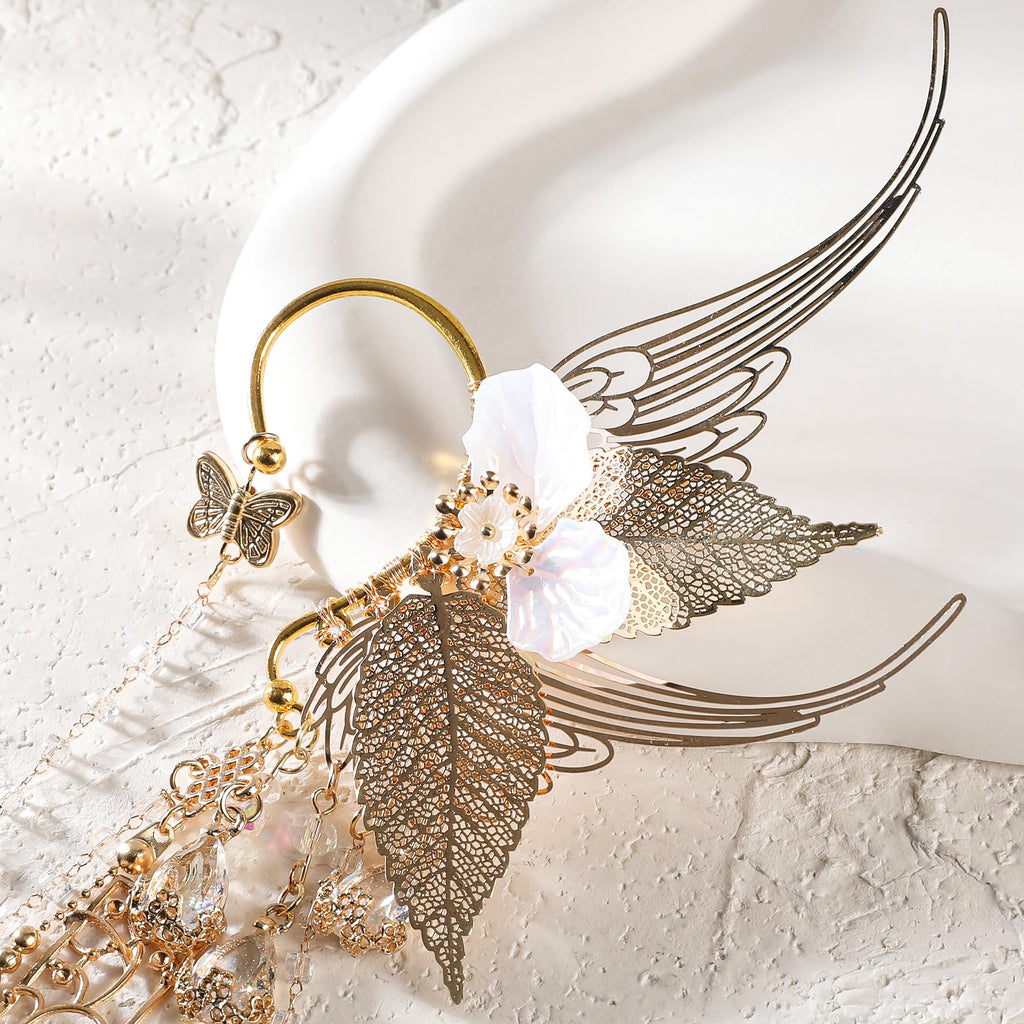 Renaissance Fairy Elf Ear Cuffs - Gold Mermaid Ears Elven Ear Cuffs with Tassel Butterfly Ear Wrap Earrings Non Piercing Earrings for Women Renfaire Halloween Christmas Dress Up Cosplay Accessories