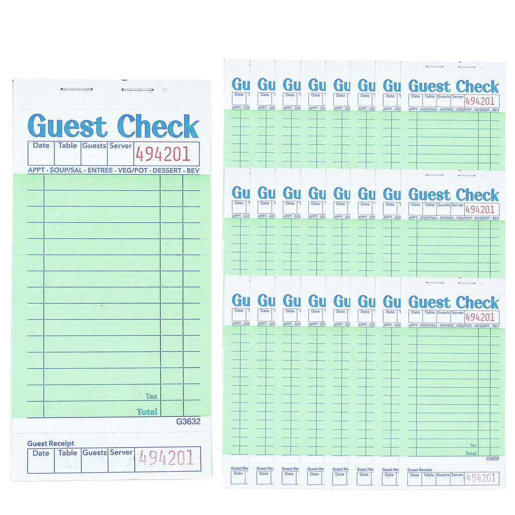 Budgenix Guest Checks Server Note Pads 24 Pack 1200 Orders, Green Guest Check Pads with Bottom Receipt, Waitress Notepad for Restaurant Business
