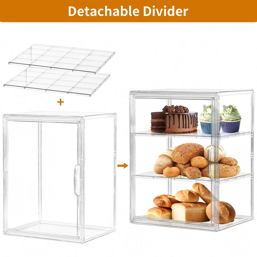 SANKEU Pastry Display Case,Bread Box for Kitchen Countertop,3 Layers Adjustable Clear Bread Storage with Magnetic Door Small Bakery Pastry Display,1 Pack