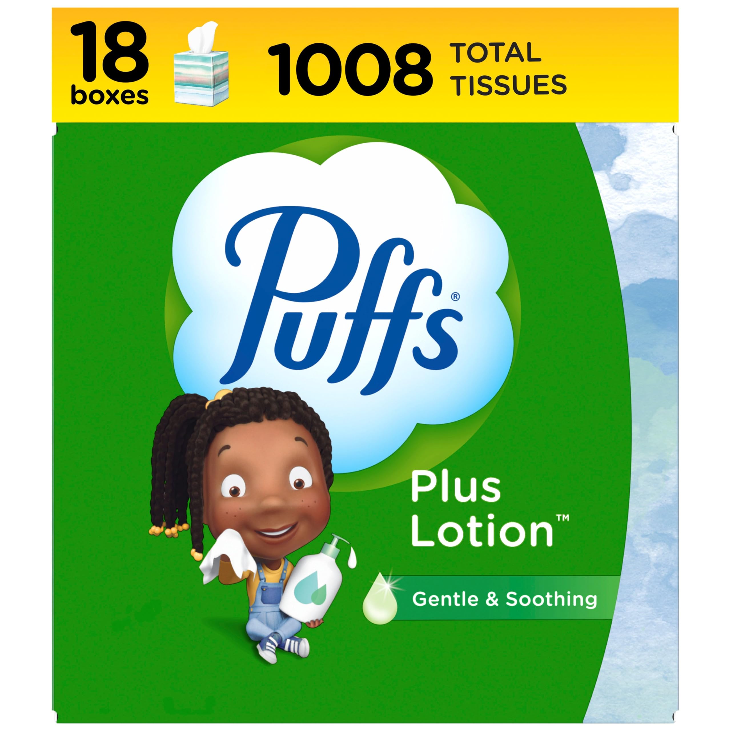 Puffs Plus Lotion Facial Tissue, 18 Cubes, 56 Tissues per Box, Allergies and Colds