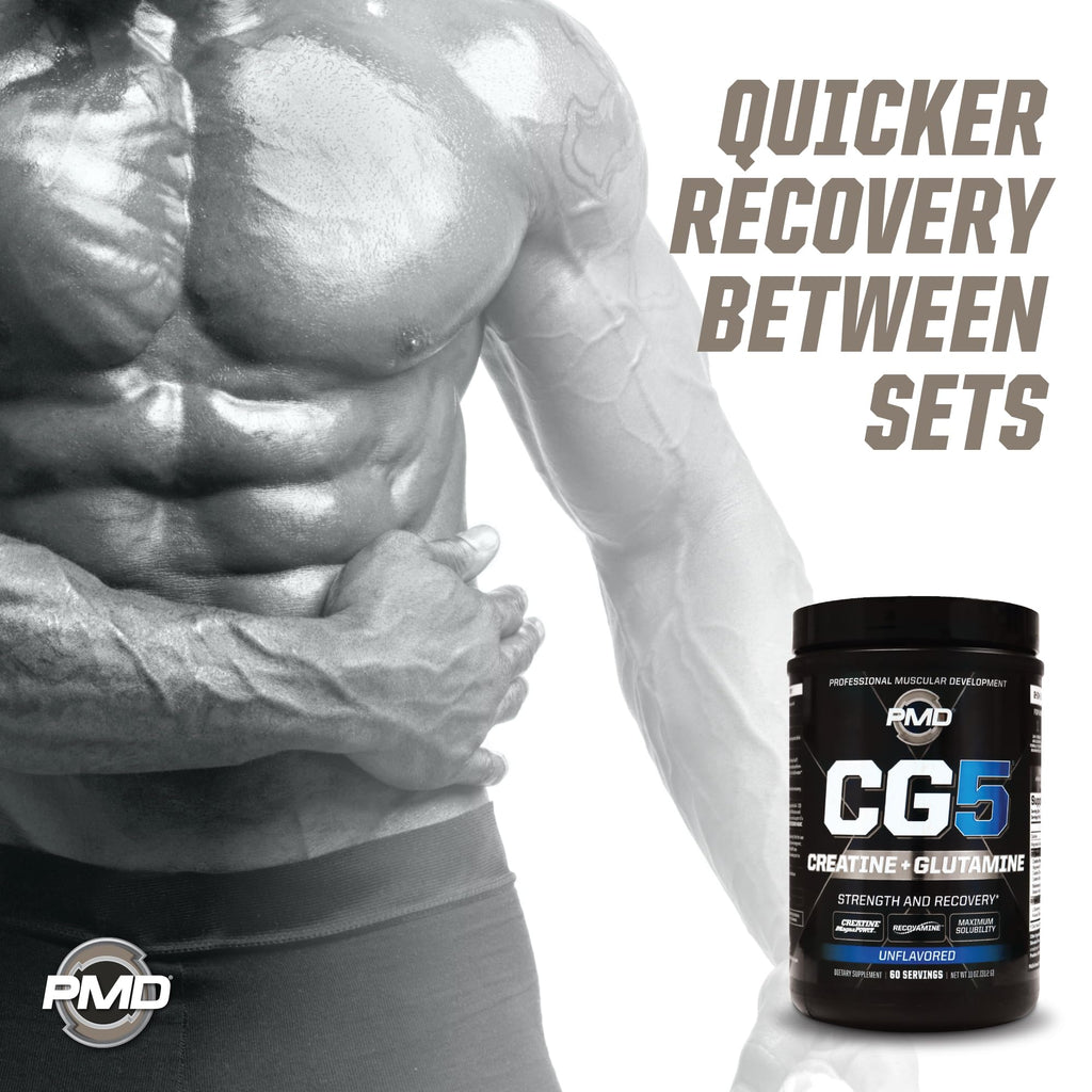 PMD Sports CG5 Premium Creatine & L Glutamine Powder, Power Recovery, Build Lean Muscle, Increase Workout Performance, Maximum Strength Pre Workout & Post Workout, Unflavored, 60 Servings