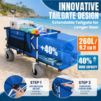 Navatiee 260L Beach Wagon with Extended Tailgate, 440lbs Heavy Duty Beach Cart with 9” Big Balloon Wheels for Sand, Collapsible Folding Wagon with Side Pocket for Outdoor, Blue