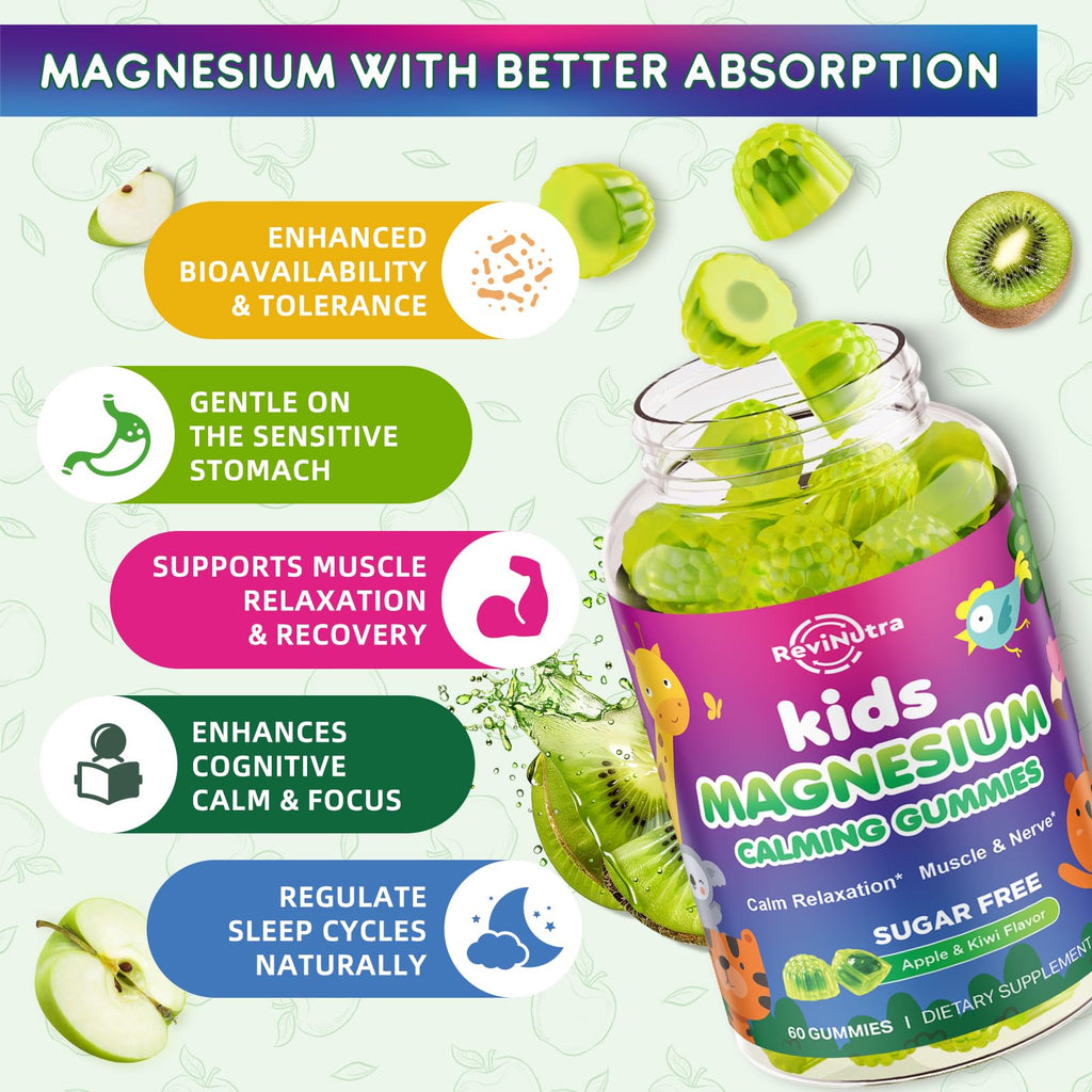 Center-Filled Kids Magnesium Gummies - Magnesium Glycinate Gummies for Kids & Adults with L-Theanine, Chamomile, Licorice, Vitamin D, B6 for Sleep, Relaxation, Brain & Muscle - Sugar Free Apple & Kiwi