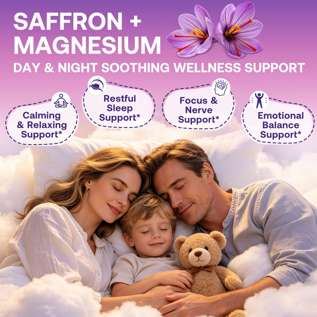 Saffron Gummies Kids & Adults, Mixed Fruit Flavor Sugar Free, Saffron Magnesium Supplements with 88.5mg Saffron Extract, B6, D3, Lutein, Omega-3, Brain, Focus, Calm & Vision Support, Vegan, 60 Counts