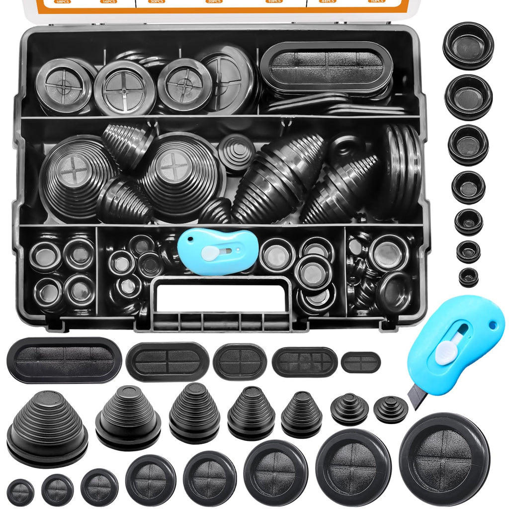 mankk 233PCS Rubber Grommet Kit 27 Sizes (7/25"-2-3/8") Tower/Oval/Round Firewall Grommet Wire Grommet Double Sided Rubber Hole Plug with Knife for Wire Protection