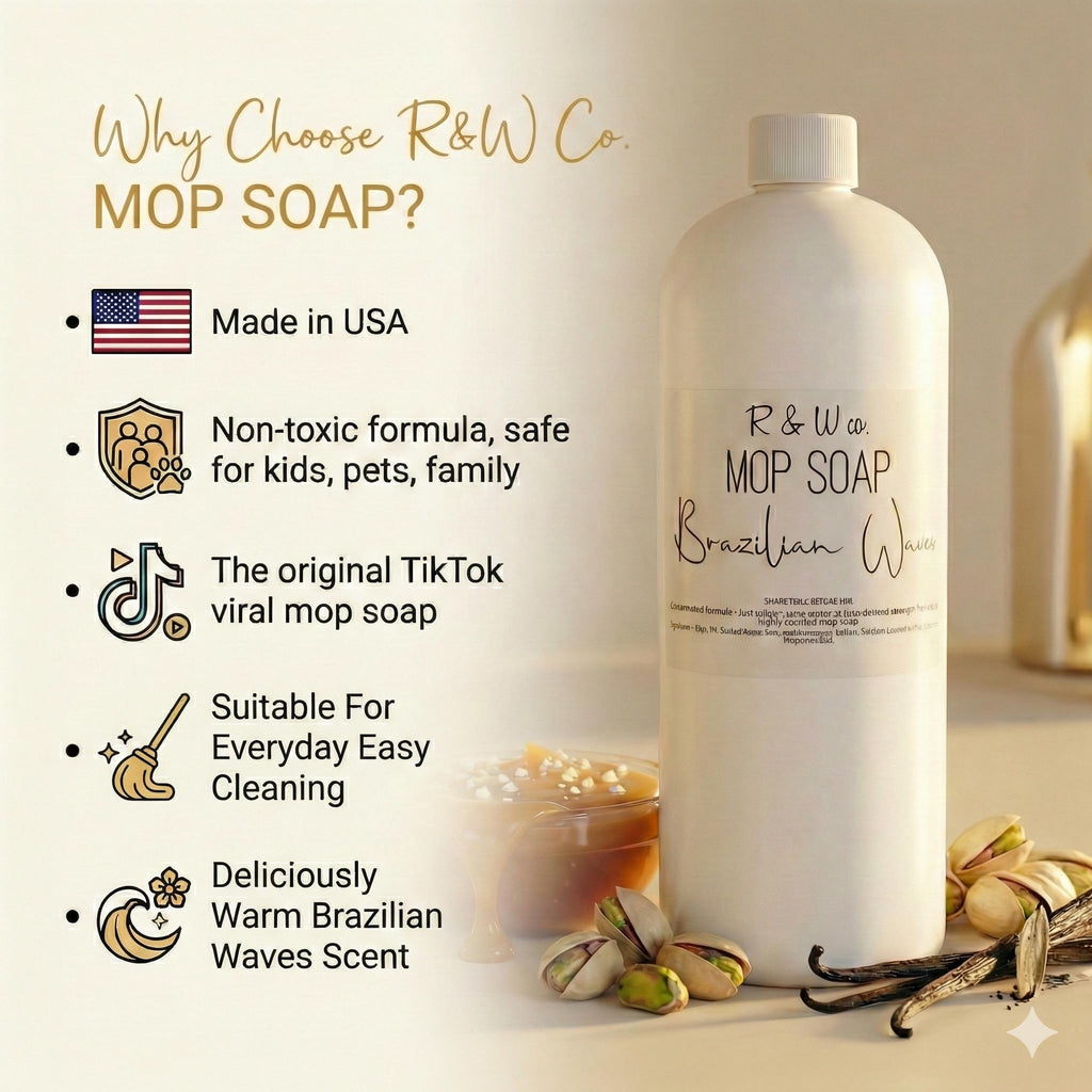 R&W CO. Original 32 oz Premium Mop Soap Brazilian Waves Scented, Gentle Floor Cleaner for all Surfaces, Non-Toxic, Pet and Skin Safe Formula, Streak-Free Shine