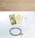St Dymphna Bracelet - Saint Dymphna Prayer Card, The Lord's Prayer Card - Stretchable Round Saint Dymphna Bracelet with Purple and Amethyst Beads - St.Dymphna Bracelet and Cards Set of 3 Items