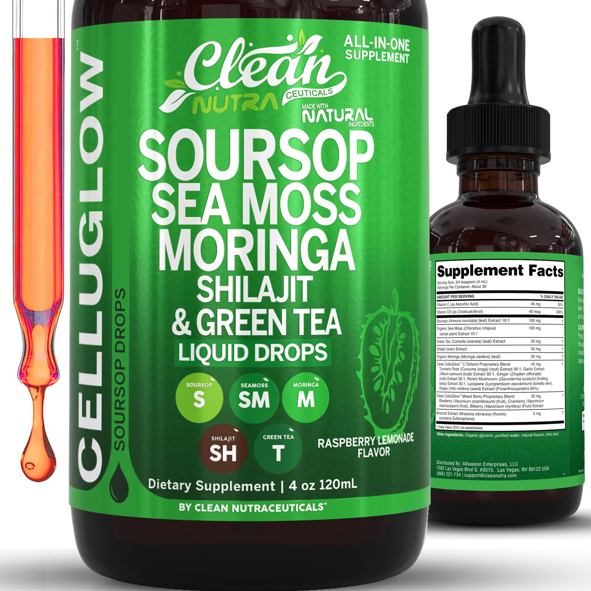 Clean Nutra Soursop Liquid Drops Sea Moss Moringa Shilajit Green Tea Vitamin D Vitamin C Garlic Supplements Grape Seed Lycopene Turmeric Root 4 Oz Immune Support & Cellular Health by Clean Nutra