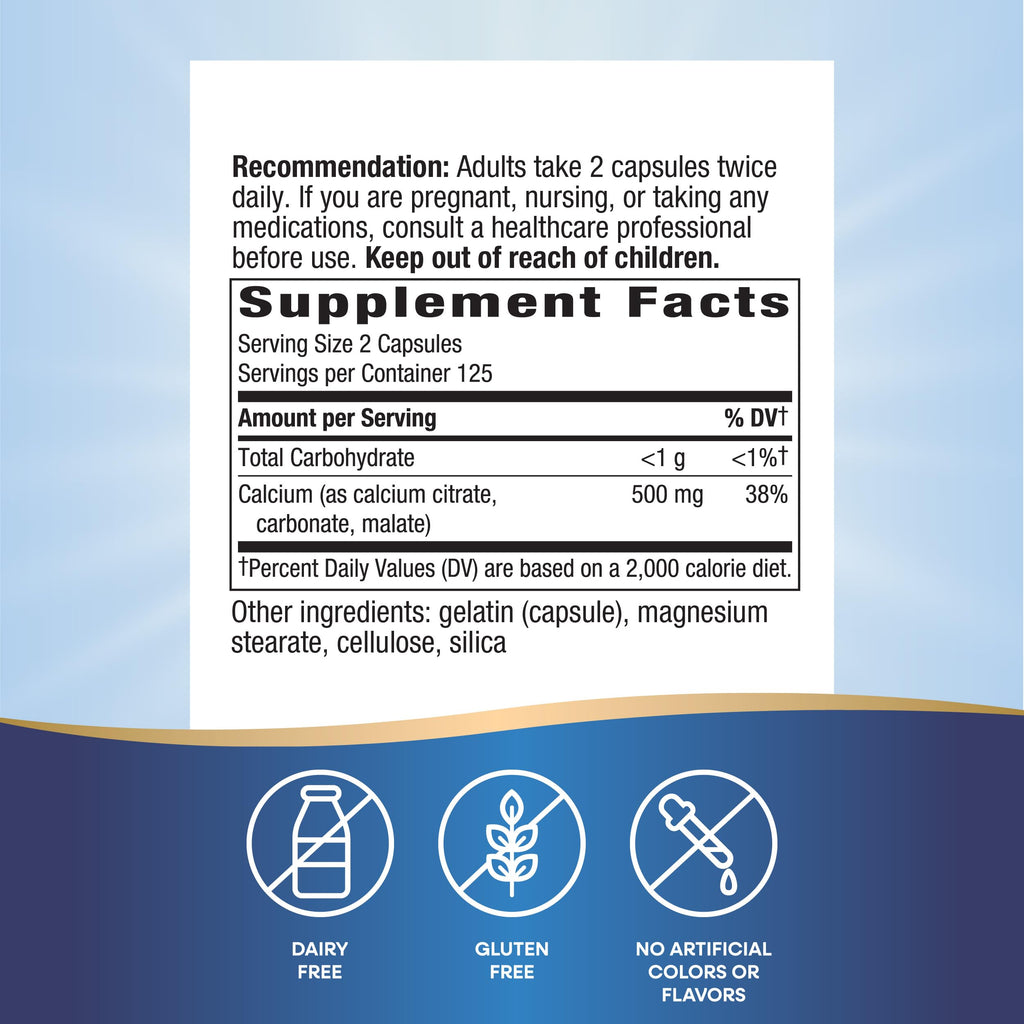 Nature's Way Calcium Citrate, 500 mg Calcium per 2-Capsule Serving, for Bone Health & Muscle Function*, Blend of Citrate, Carbonate & Malate, Gluten Free, 250 Capsules (Packaging May Vary) - 2 Pack