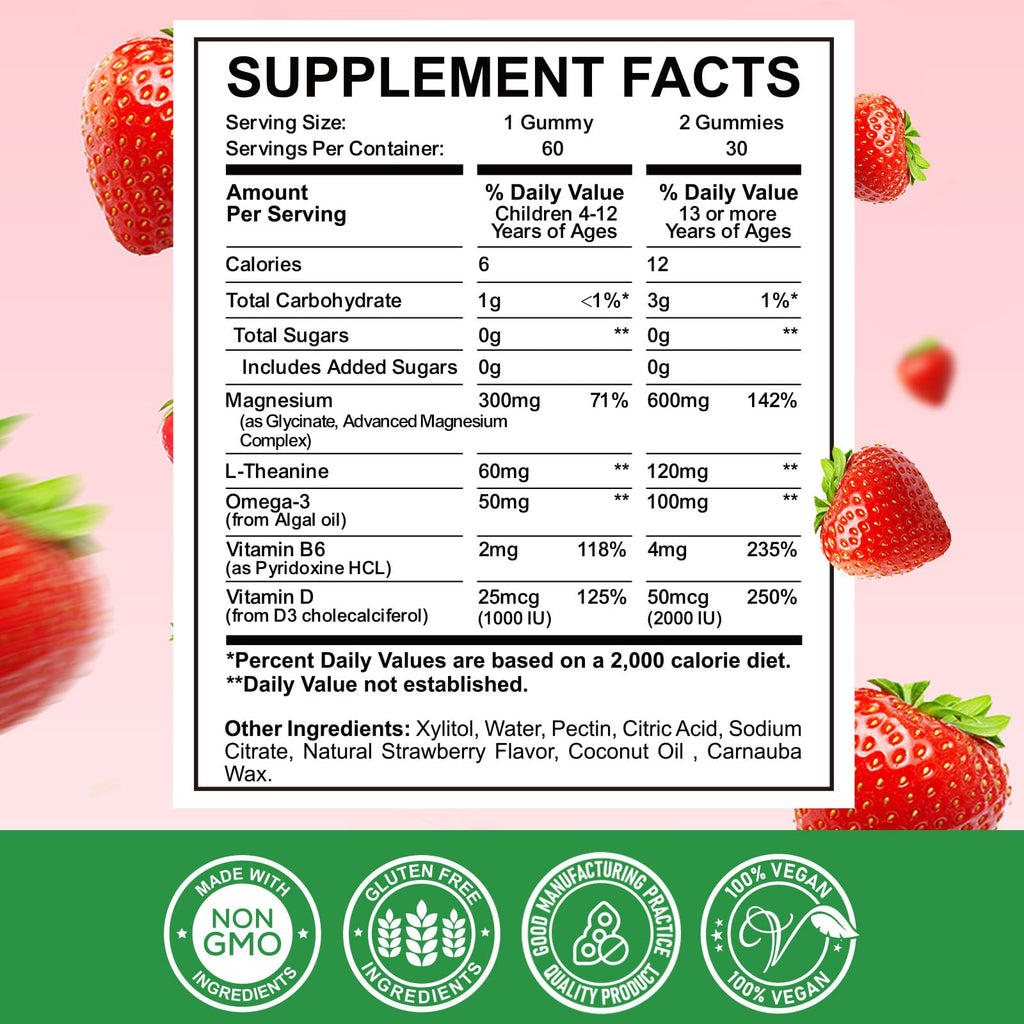 Magnesium Complex Gummies- Calm Chewable Gummies for Kids & Adults- Magnesium Glycinate Supplement-w/Omega-3, Vitamin B6, D3- Support Calm Stress Relief, Bones, Mood, Strawberry Flavor