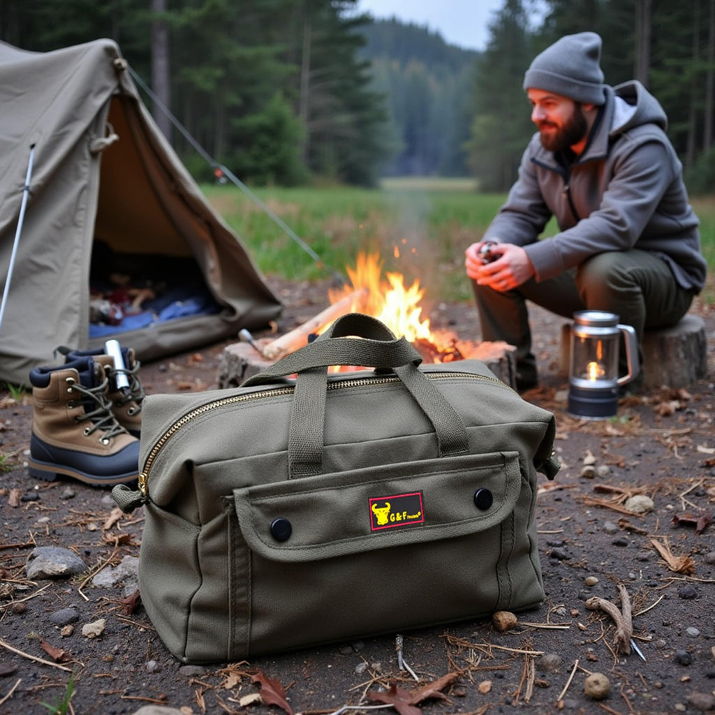 G & F PRODUCTS Waxed Canvas Military Duffle Bag, Water-Resistant, Adjustable Strap, Double Zipper, Heavy-Duty, Fully Lined, Tool Organizer, Durable Utility Bag for Contractors & Homeowners