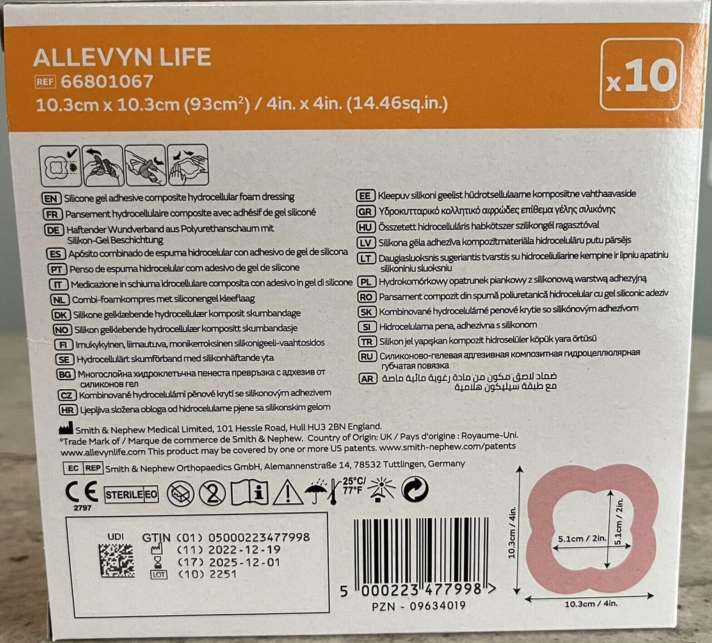 Smith+Nephew ALLEVYN Life Wound Dressing, 4" in X 4" in Box of 10