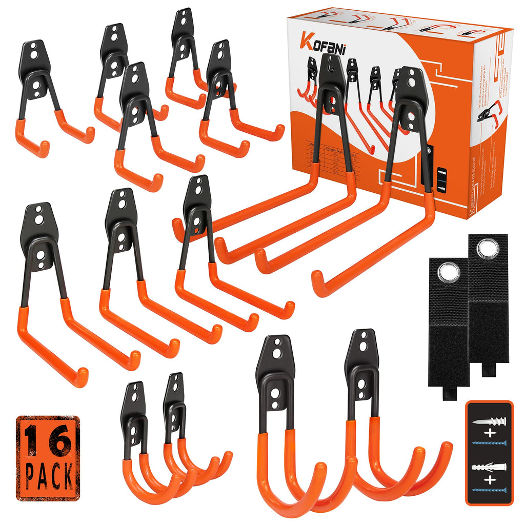 KOFANI Heavy Duty Steel Hooks, 16 Pack with Anti-Slip Coating - Utility Wall Mount Garage Storage for Hanging Bike, Ladder and Garden Tools