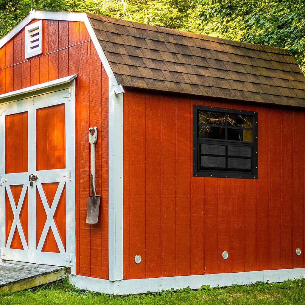 COLORPAPA 2 Pack Shed Windows,16" x 16" Small Sliding Windows,Flush Mount Windows with Tempered Glass and Fiberglass Screen for Shed, Chicken Coop, Playhouse, Household, Garage, Barns (Black)