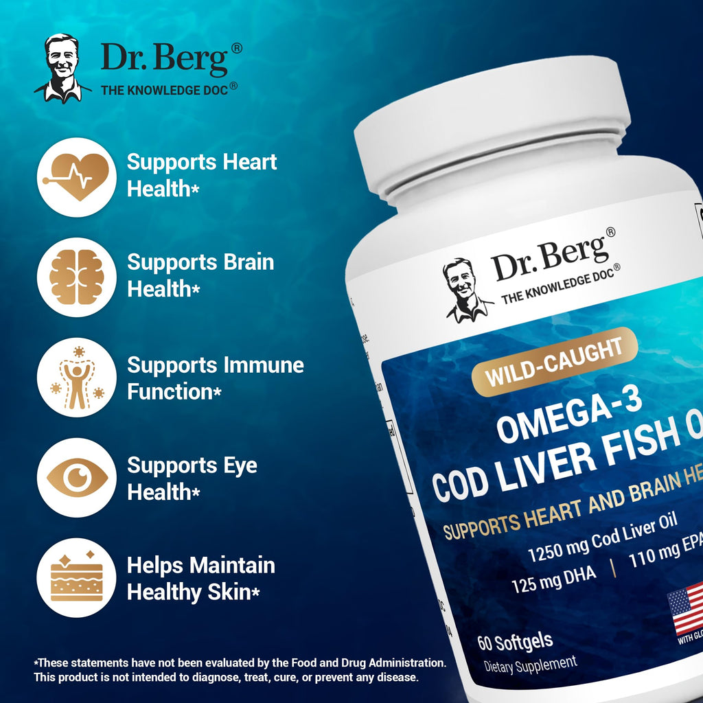 Dr. Berg Omega-3 Cod Liver Fish Oil 60 Softgels – Wild-Caught Icelandic Cod – Omega 3 EPA & DHA – Heart, Brain, Immune & Eye Support* – Lemon Flavor – 4X Lab-Tested – Non-GMO, No Fillers