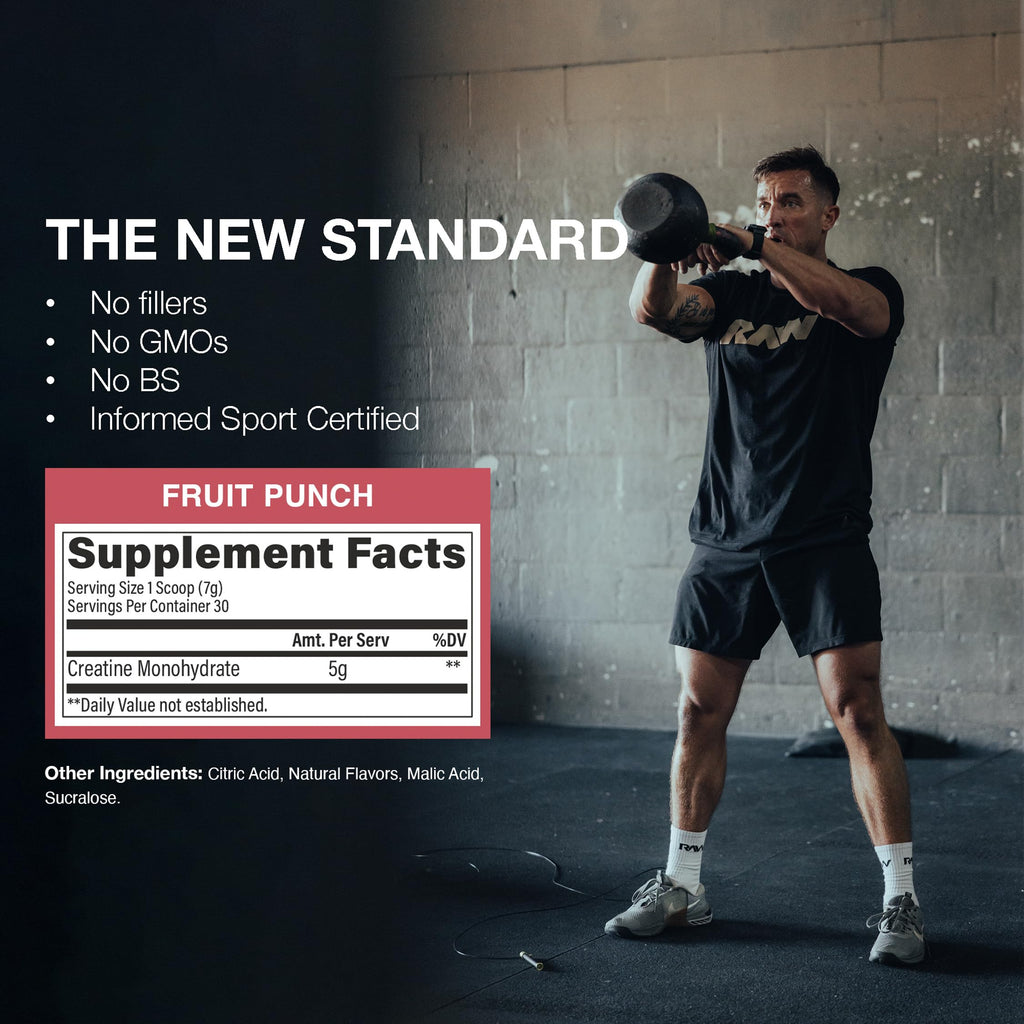RAW Nutrition Creatine Monohydrate Powder, Fruit Punch (30 Servings) - Micronized Creatine Monohydrate Supplement for Workout Performance, Build Muscle & Strength - Creatine Powder for Men & Women