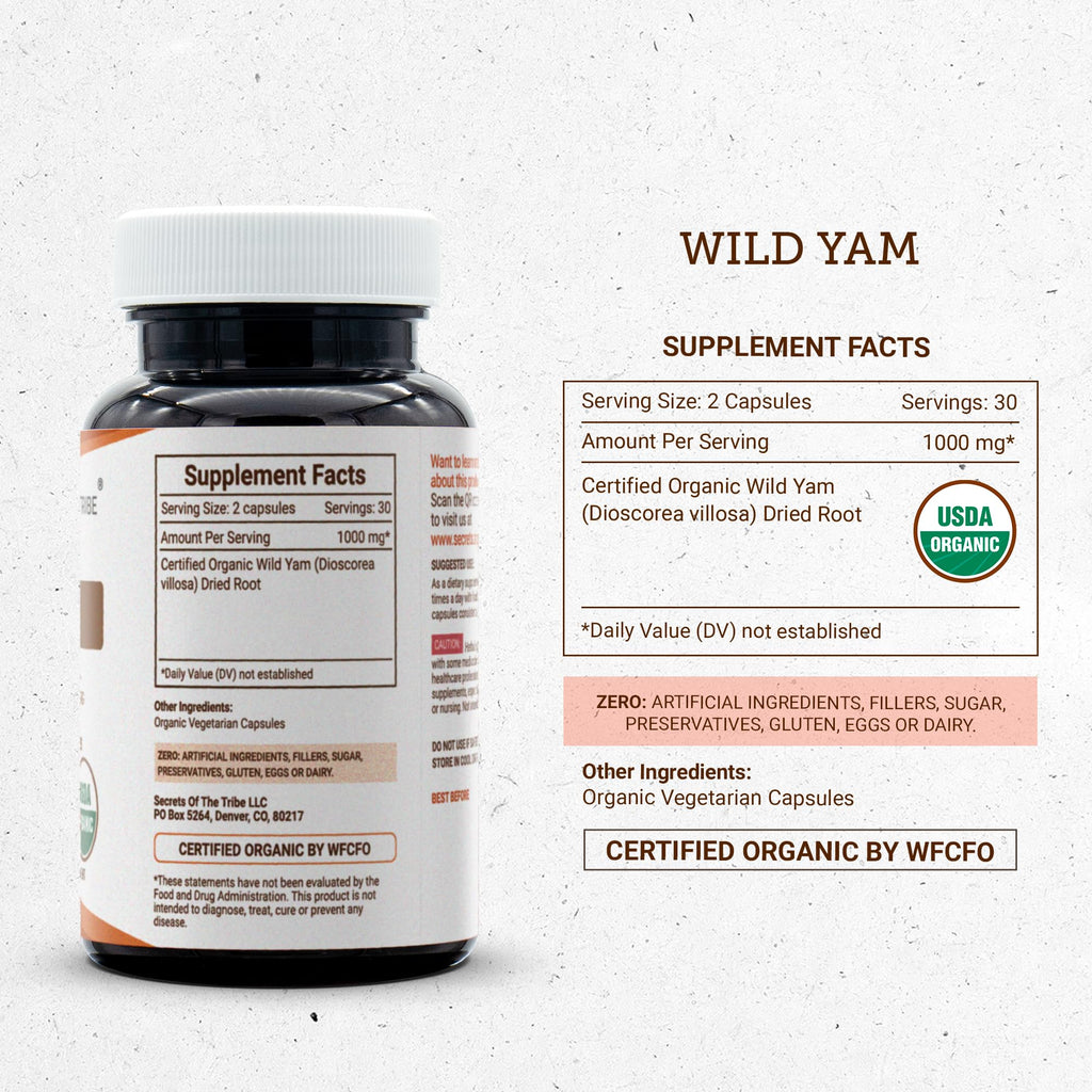 Secrets of the Tribe Wild Yam USDA Organic 60 Capsules | Made with Organic Vegetarian Capsules and Responsibly farmed Wild Yam (Dioscorea Villosa) Dried Root (60 Capsules)