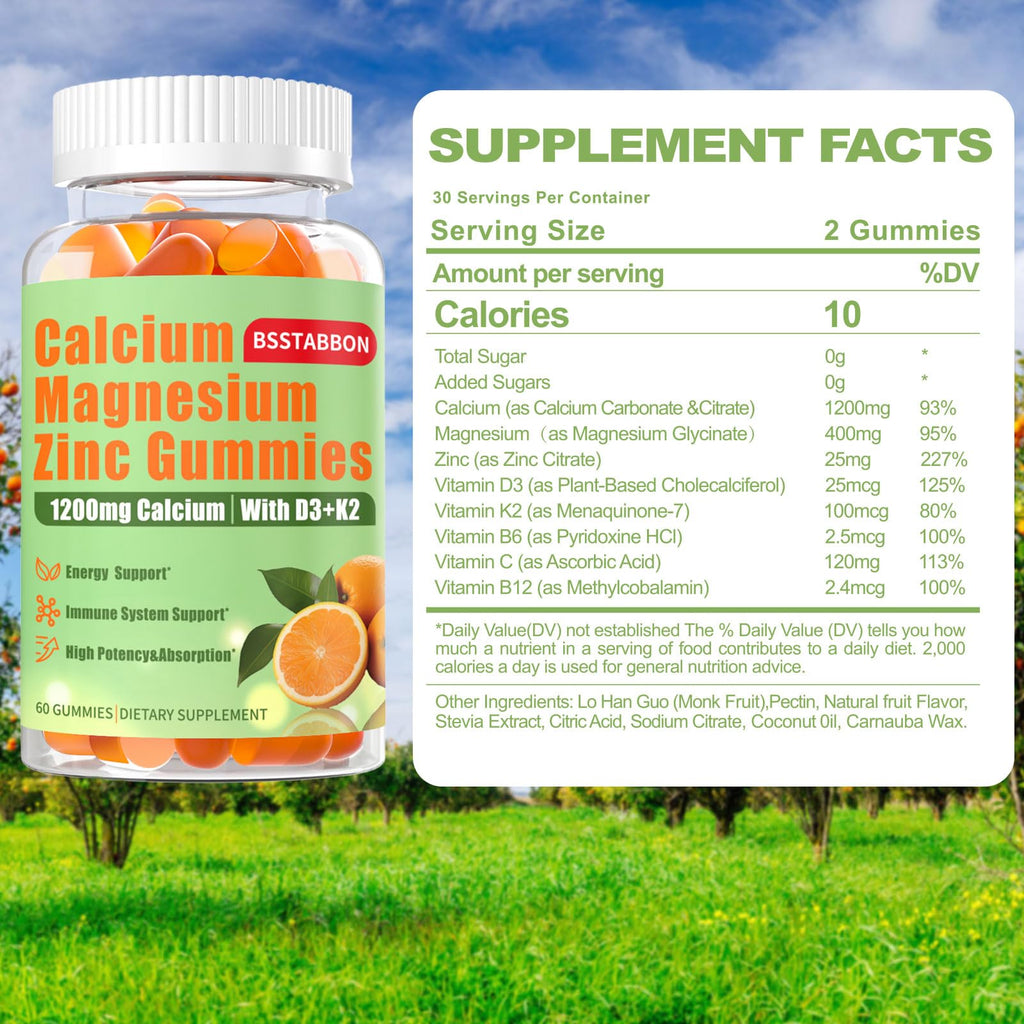 Calcium Magnesium Zinc Gummies for Adult: 1200mg Calcium Citrate 400mg Magnesium Glycinate with D3 B12 - Sugar Free High Absorption Supplement for Women Men (60 Count(Pack of 2))