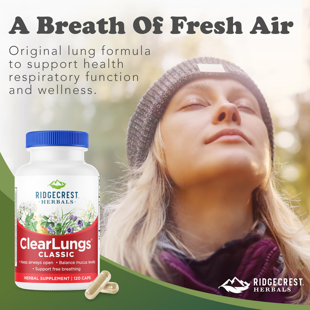 RidgeCrest Herbals ClearLungs Classic, Daily Health Supplement, Natural Lung and Nasal Wellness Formula for Bronchial, Respiratory, Immune, Sinus, and Mucus Support (120 Vegan Caps, 60 Serv)