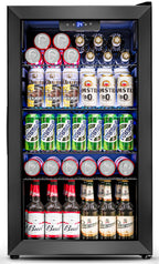 Feelfunn 3.2 Cu.Ft Mini Fridge with Glass Door - 126 Can Beverage Refrigerator Cooler for Drink Beer Wine Soda, Small Fridge for Bedroom Office Bar Dorm, 4 Adjustable Shelves, Black