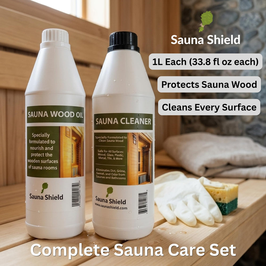 Sauna Shield Sauna Care Set – Sauna Wood Oil & Sauna Cleaner (33.8 fl oz each) with Applicator Sponge & Gloves | Protects, Cleans & Nourishes Sauna Wood | For Traditional & Infrared Saunas