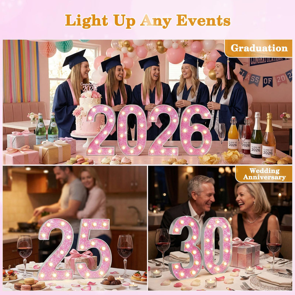NANXU 12.6 Inch LED Pink Marquee Light Up Numbers, Sweet 70th Birthday Decorations Number Lights as Gifts for Women, Glitter Lighted Marquee Numbers for Pink Anniversary Party Table Decor, 70