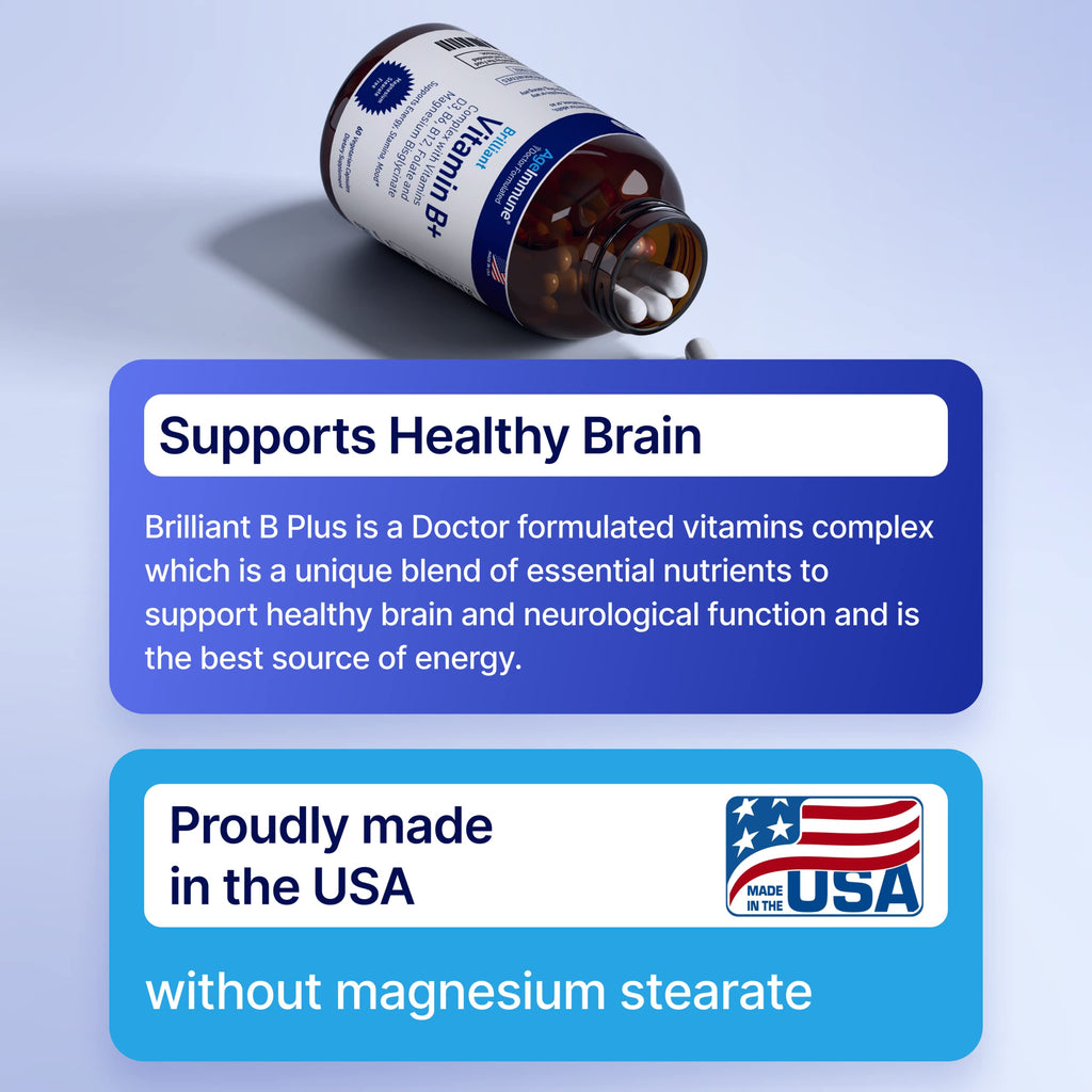 AgeImmune Vitamin B Complex with Vitamin D3 B12 B6 Magnesium Bisglycinate and Folate as Methylfolate - Doctor Formulated Methylated B Complex Supplement – 60 Capsules - Without Niacin