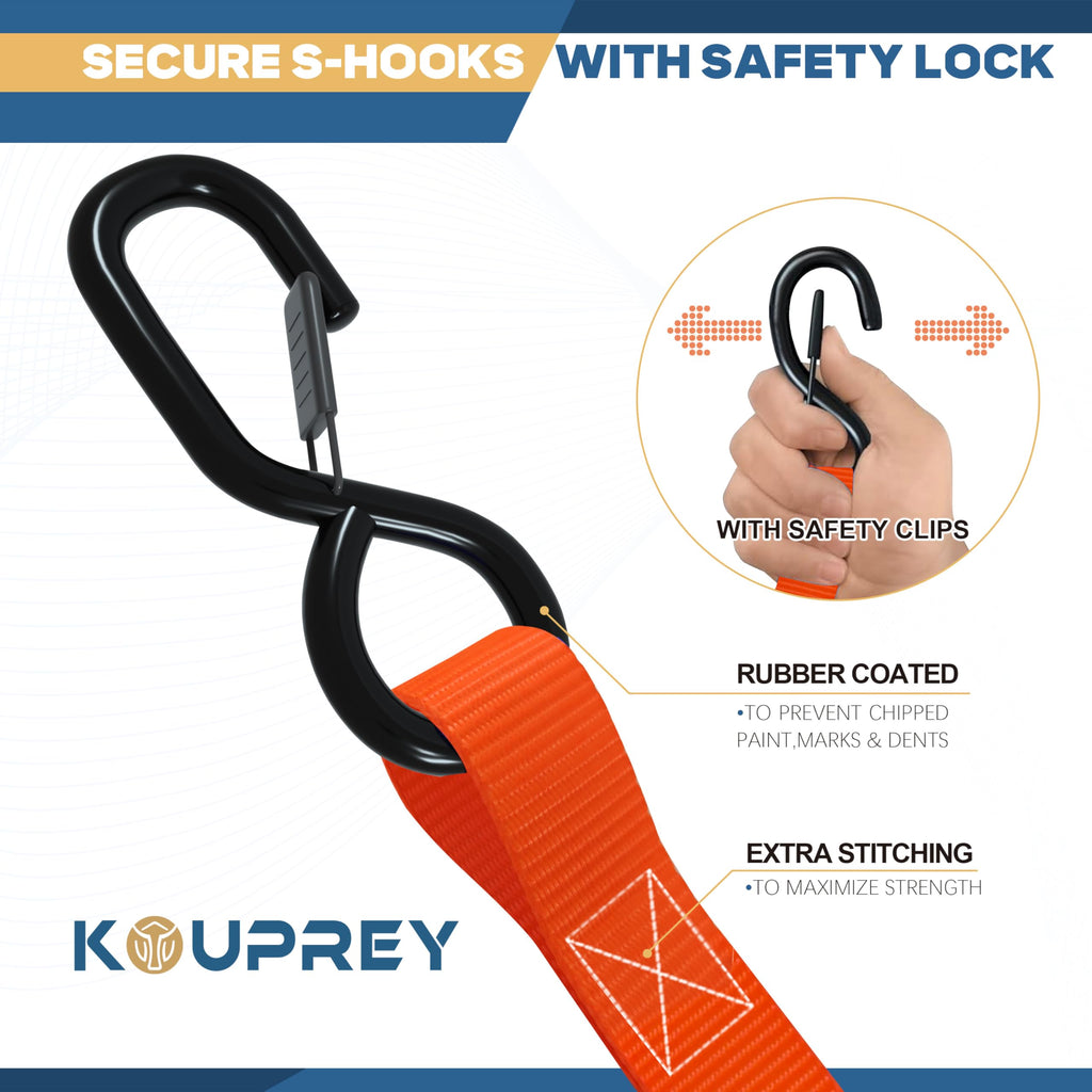 Ratchet Straps, Boat Tie Down Straps to Trailer, Motorcycle Straps, Kayak Tie Downs, 4-PK 1" x 15ft, 1800 LB Break Strength Safety Lock S Hooks & 4 Soft Loops-Secure, Rubber Coated Handle Orange