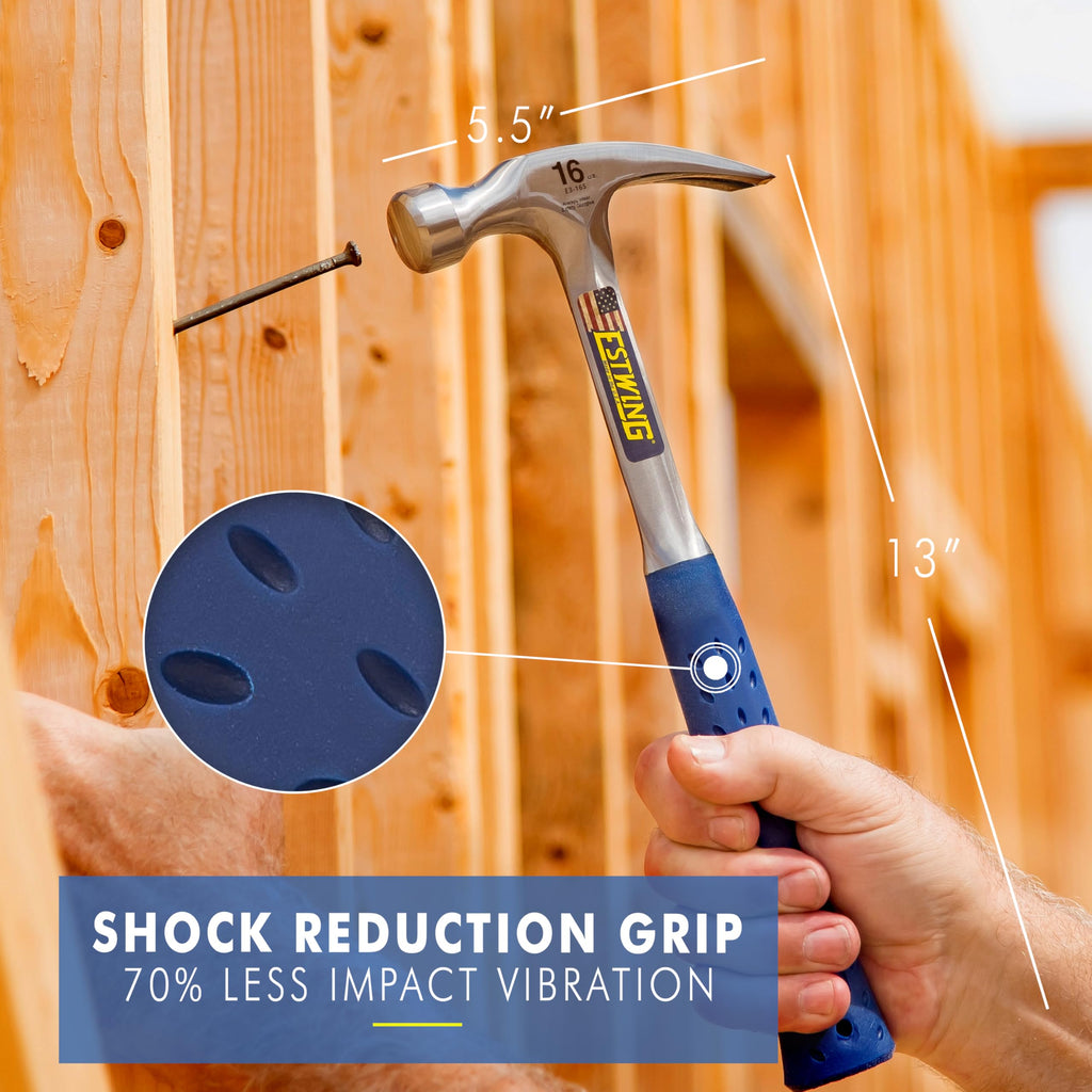 ESTWING Hammer - 16 oz USA Made Straight Rip Claw Hammer with Smooth Face & Shock Reduction Grip - E3-16S