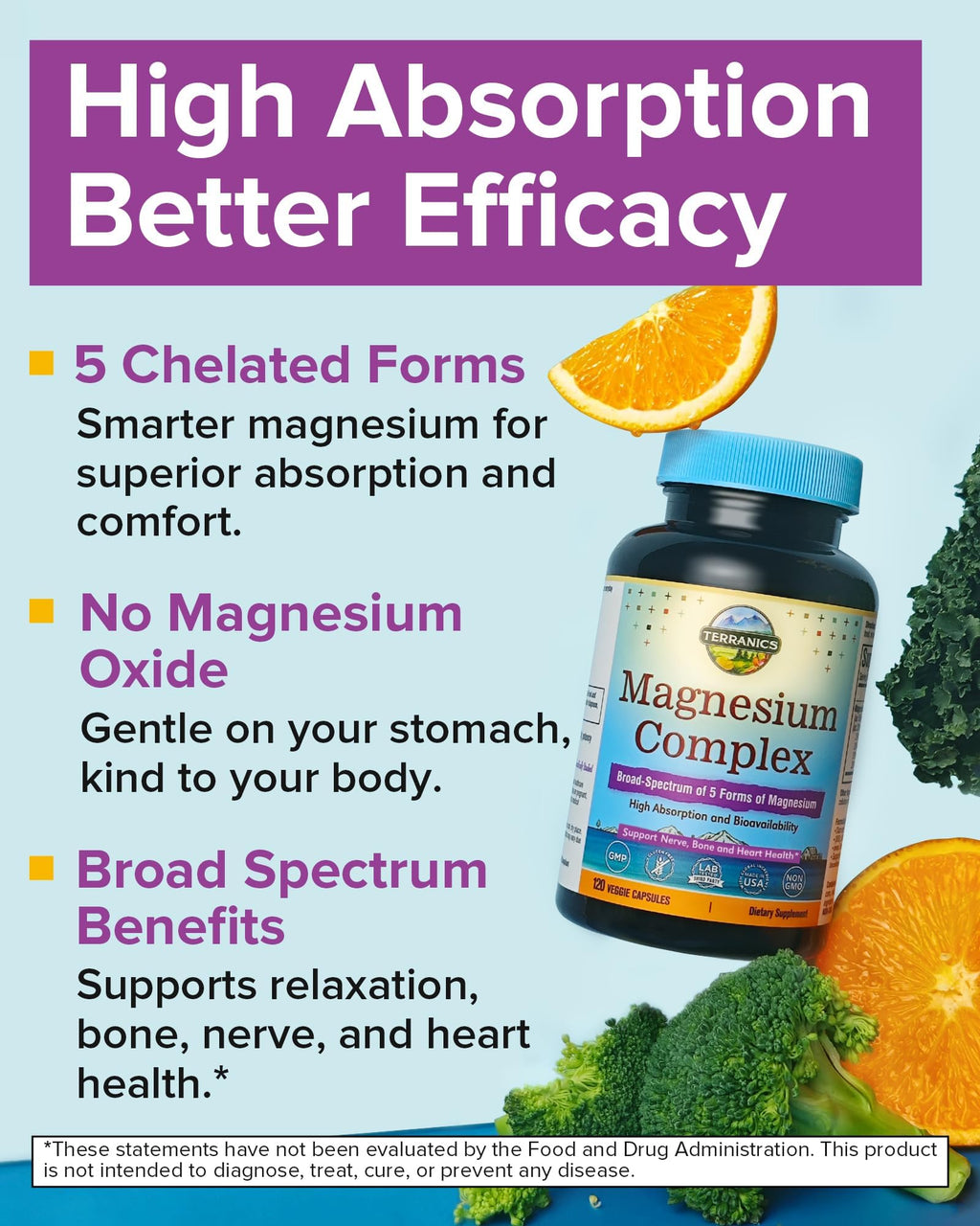 Terranics 5-in-1 Magnesium Complex Supplement 500mg - 5 Forms High Absorption Magnesium Glycinate Citrate Malate Aspartate Gluconate for Sleep Heart Health - Non-GMO 120 Vegan Capsules