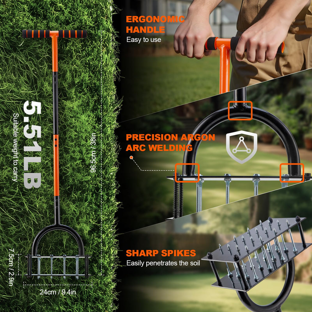 Bluesea Lawn Aerator Tool - 16 Iron Spikes with Ergonomic T-Handle, Automatic Dirt Clean for Soil Loosening & Yard Aeration, Manual Metal Grass Aerator (Orange)