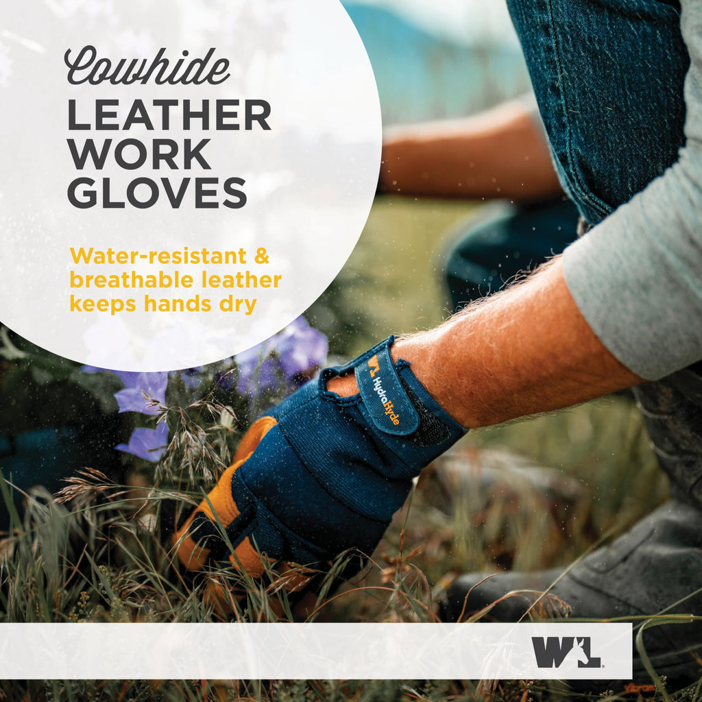 Wells Lamont Men's Leather Palm Work Gloves – HydraHyde Water-Resistant Leather, Flexible Spandex Back, Adjustable Closure – Ideal for Construction, Landscaping, DIY Projects – Blue, X-Large (3207XL)