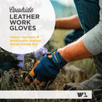 Wells Lamont Men's Leather Palm Work Gloves – HydraHyde Water-Resistant Leather, Flexible Spandex Back, Adjustable Closure – Ideal for Construction, Landscaping, DIY Projects – Blue, X-Large (3207XL)