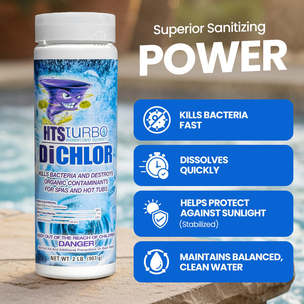 HTS Turbo Chlorine Granules for Hot Tubs and Spa - 2 lbs (32 oz) Made in USA | Stabilized Dichlor, Fast-Dissolving Granular Chlorine Sanitizer | Hot Tub Spa Water Care Treatment