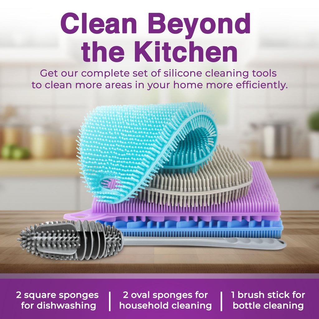 Silicone Dish Scrubber Sponges (5-Pack) - Dual-Sided Silicone Scrubbers and 1 Bottle Stick Brush - Food Grade Kitchen Scrubbers for Dishes - BPA-Free Sponges