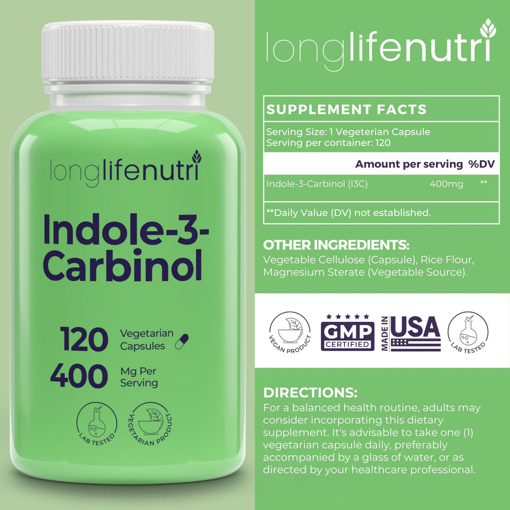 LongLifeNutri Indole-3-Carbinol 400mg - 120 Vegeterian Capsules, 4-Month Supply, Organic Supplement for Hormone Balance & Cellular Health, Lab Tested, Made in USA
