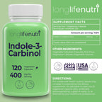 LongLifeNutri Indole-3-Carbinol 400mg - 120 Vegeterian Capsules, 4-Month Supply, Organic Supplement for Hormone Balance & Cellular Health, Lab Tested, Made in USA