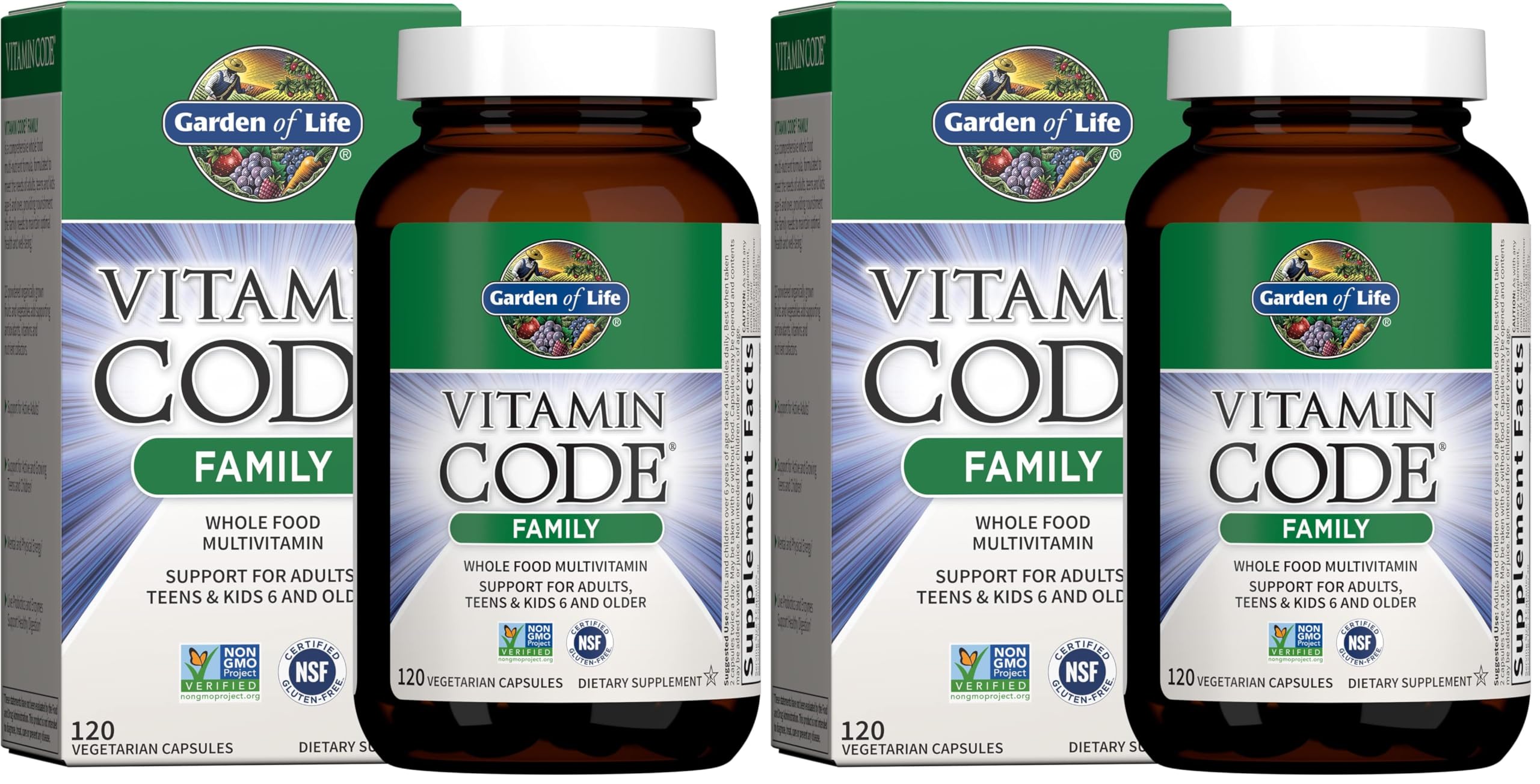 Garden of Life Multivitamin for Women, Men,Kids Age 6 & up, Vitamin Code Family Multi,120 Vegetarian Capsules, Whole Food Vitamins, Food Blend & Probiotics, Gluten Free Dietary Supplements (Pack of 2)
