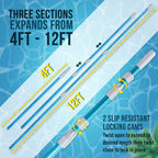 U.S. Pool Supply 12 Foot Swimming Pool Pole Telescopic - Aluminum Pool Skimmer Pole Net, Rake, Brush, Vacuum Head Handle, Attach Cleaning Equipment Accessories, Adjustable 3 Piece Expandable Extension